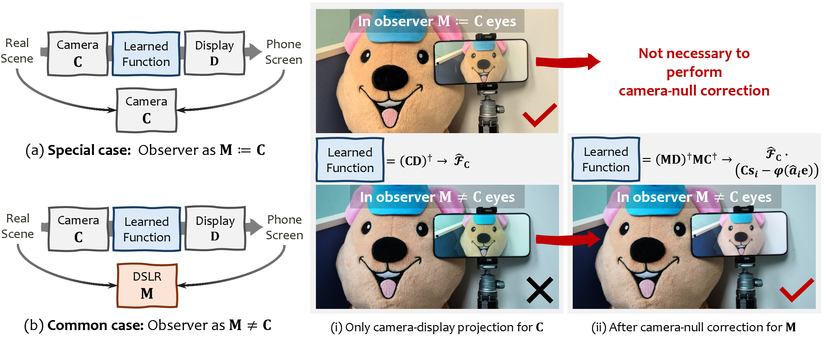Ablation showing camera-display projection and camera-null correction for camera and non-camera observers.